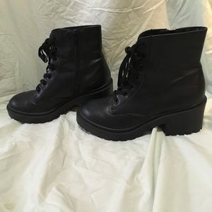 Black faux leather healed boots